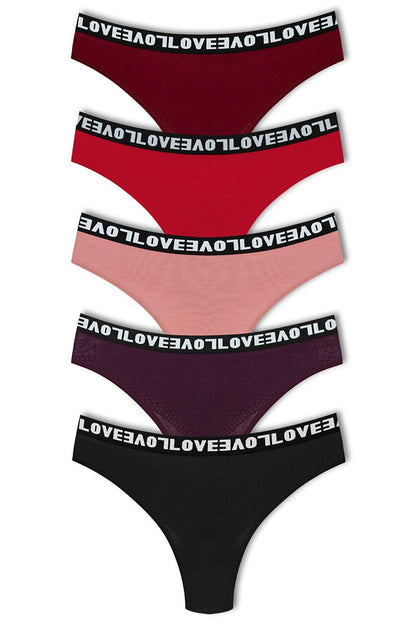 Cotton Lace Back LOVE Rubber Thong Women's Panties 5-pack