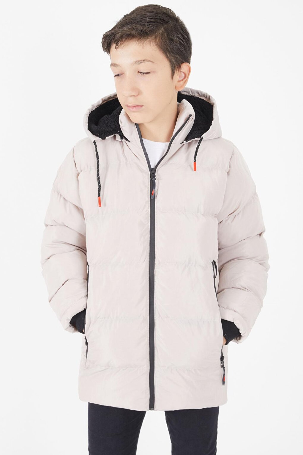 Boy's Puffer Coat Plain Pattern Beige 15677