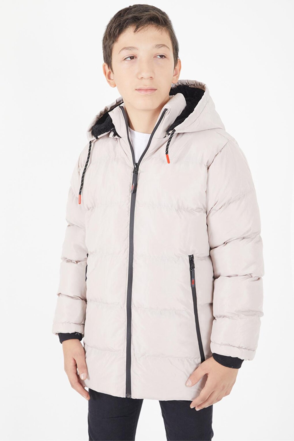 Boy's Puffer Coat Plain Pattern Beige 15677