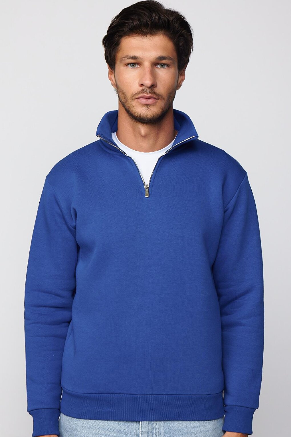 Cotton High Collar Zippered Sax Blue Unisex Sweatshirt