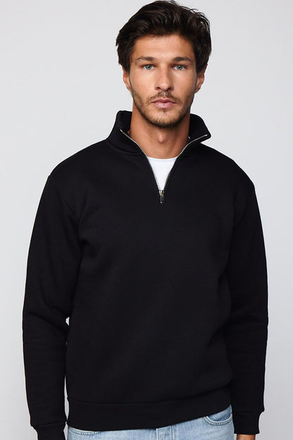 Cotton High Collar Zippered Black Unisex Sweatshirt