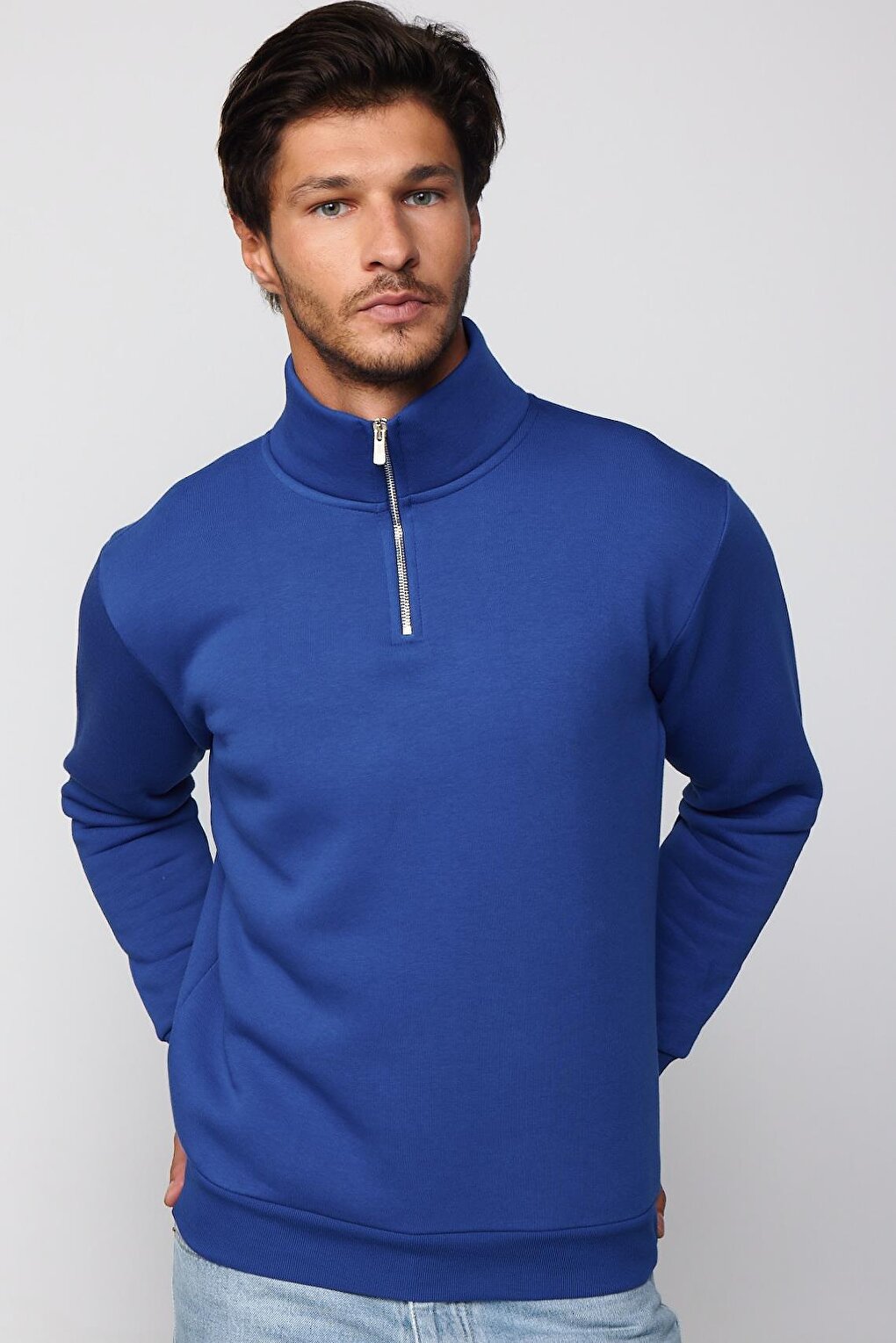 Cotton High Collar Zippered Sax Blue Unisex Sweatshirt