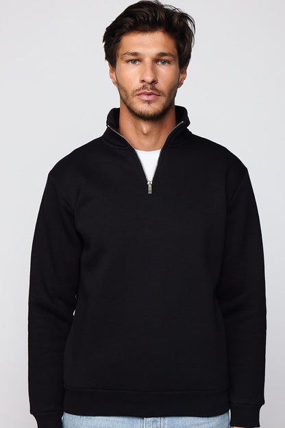 Cotton High Collar Zippered Black Unisex Sweatshirt