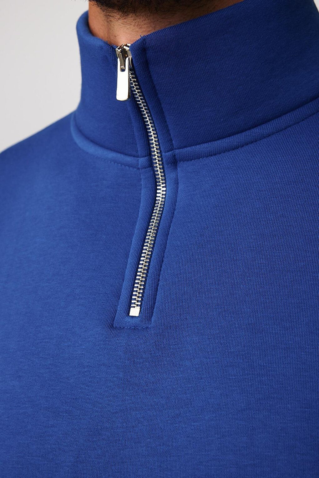 Cotton High Collar Zippered Sax Blue Unisex Sweatshirt