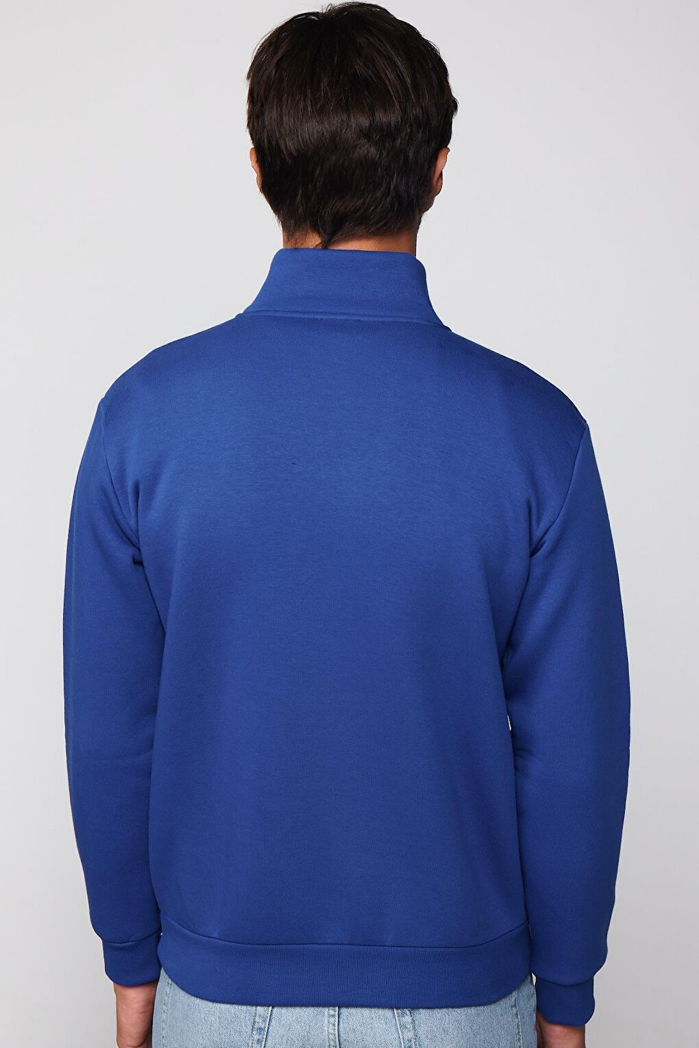 Cotton High Collar Zippered Sax Blue Unisex Sweatshirt