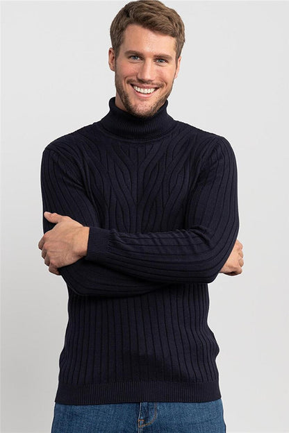 Slim Fit Full Turtleneck Hair Knitted Patterned Men's Navy Blue Sweater