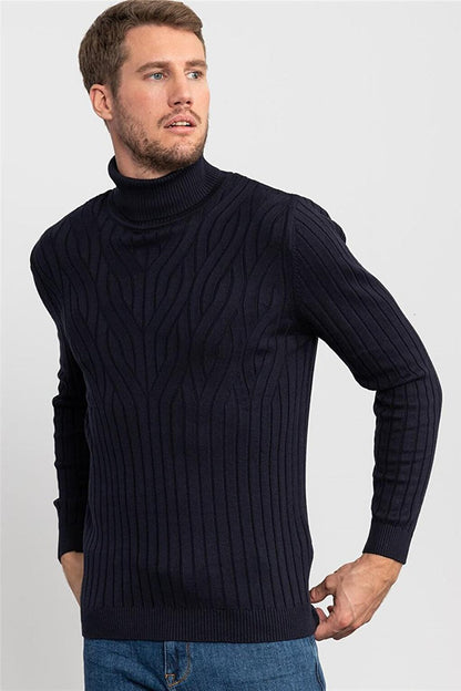 Slim Fit Full Turtleneck Hair Knitted Patterned Men's Navy Blue Sweater