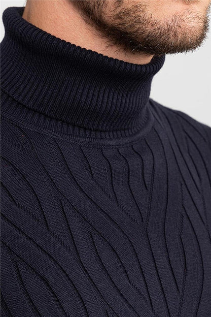 Slim Fit Full Turtleneck Hair Knitted Patterned Men's Navy Blue Sweater