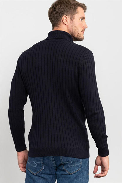 Slim Fit Full Turtleneck Hair Knitted Patterned Men's Navy Blue Sweater