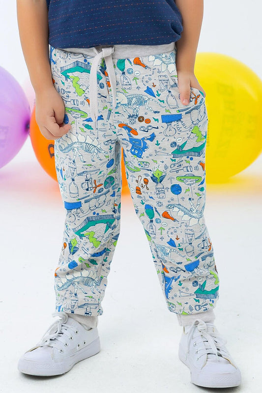 Boy's Sweatpants Science Themed Beige Melange (Age 1.5-4)