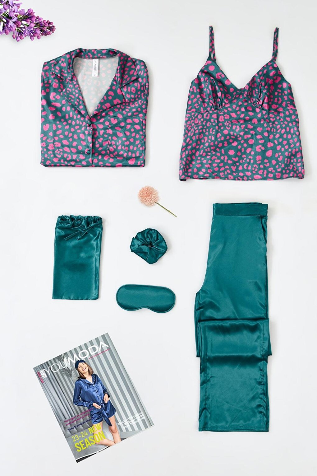 6-Piece Leopard Printed Green Pajama Set