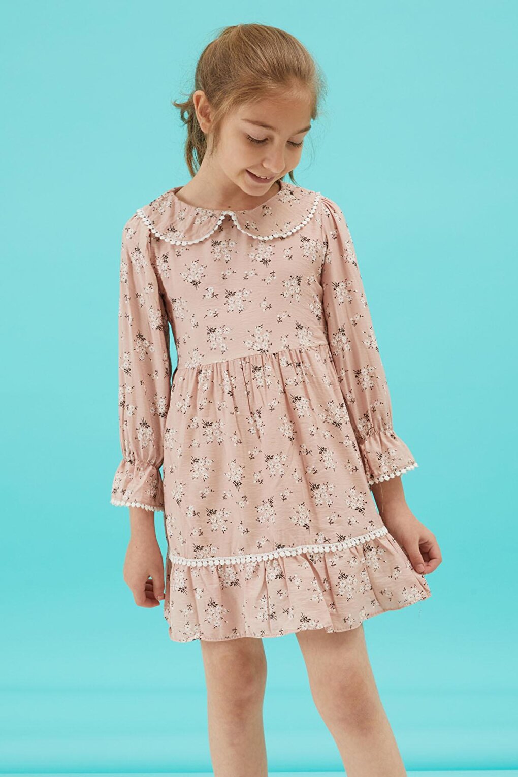 Pink Flower Patterned Lace Detailed Girls Dress 15174