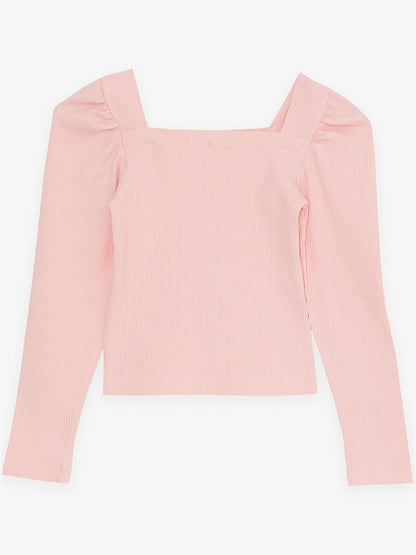 Girl's Square Neck Long Sleeve Blouse Corded Crop Salmon (8-14 Years)