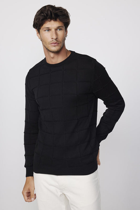 Slim Fit Crew Neck Square Patterned Men's Sweater