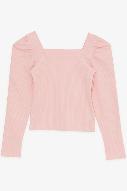 Girl's Square Neck Long Sleeve Blouse Corded Crop Salmon (8-14 Years)