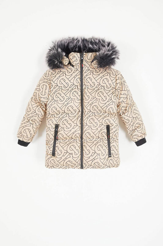 Boy's Beige Puffer Coat with Black Fur 15613