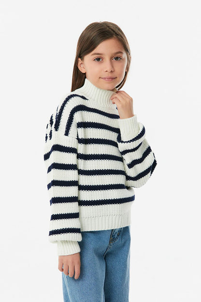 Striped High Collar Girl's Knitwear Sweater