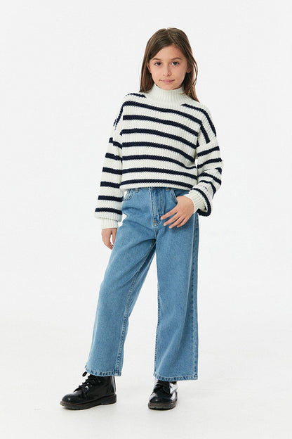 Striped High Collar Girl's Knitwear Sweater