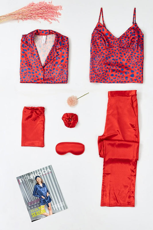 6-Piece Leopard Printed Red Pajama Set