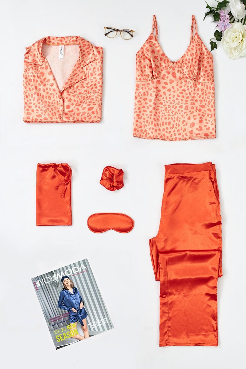 6-Piece Leopard Printed Orange Pajama Set