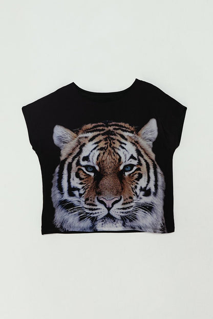 Black Tiger Printed Girls' T-Shirt