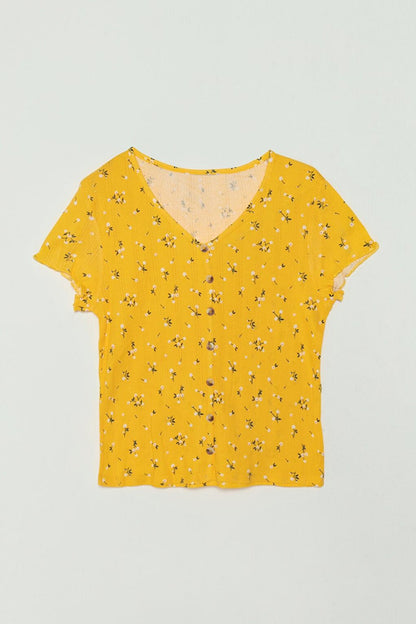 Floral Printed Button-Front Girls' T-Shirt