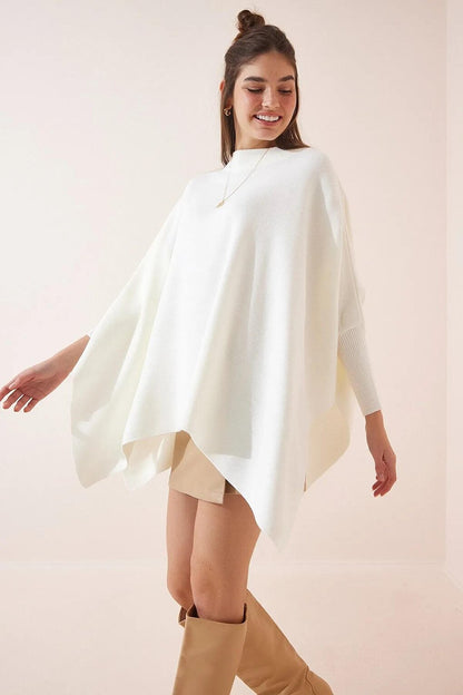 Women's Ecru High Collar Slit Oversize Poncho