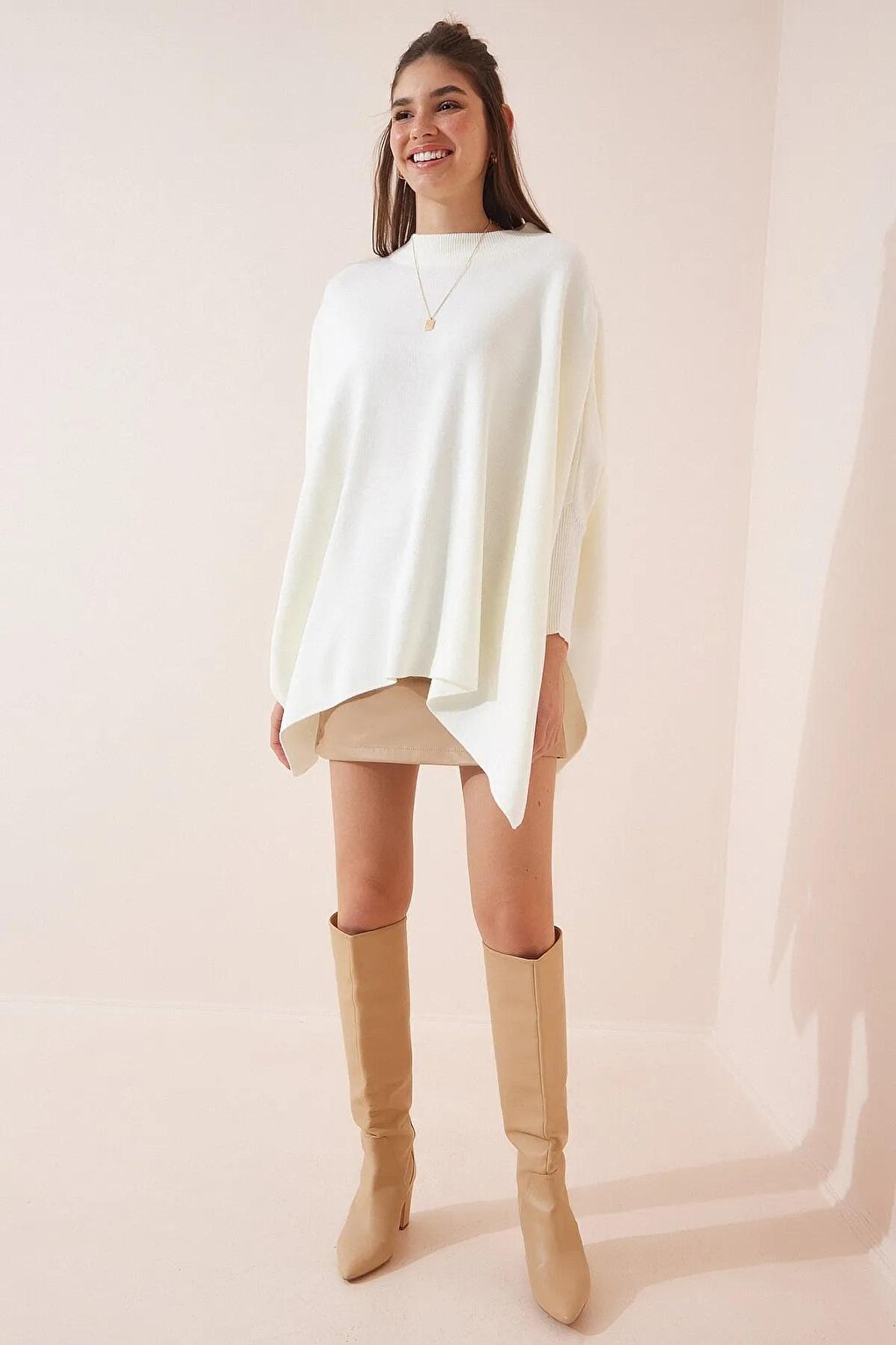 Women's Ecru High Collar Slit Oversize Poncho