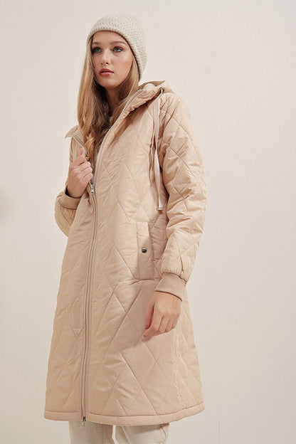 Women's Beige Hooded Zippered Puffer Coat