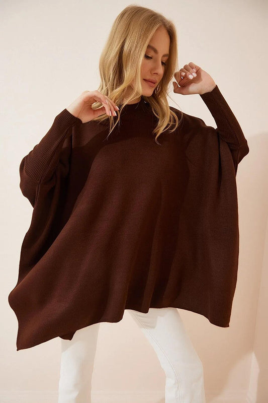 Women's Brown Stand-Up Collar Slit Oversize Poncho