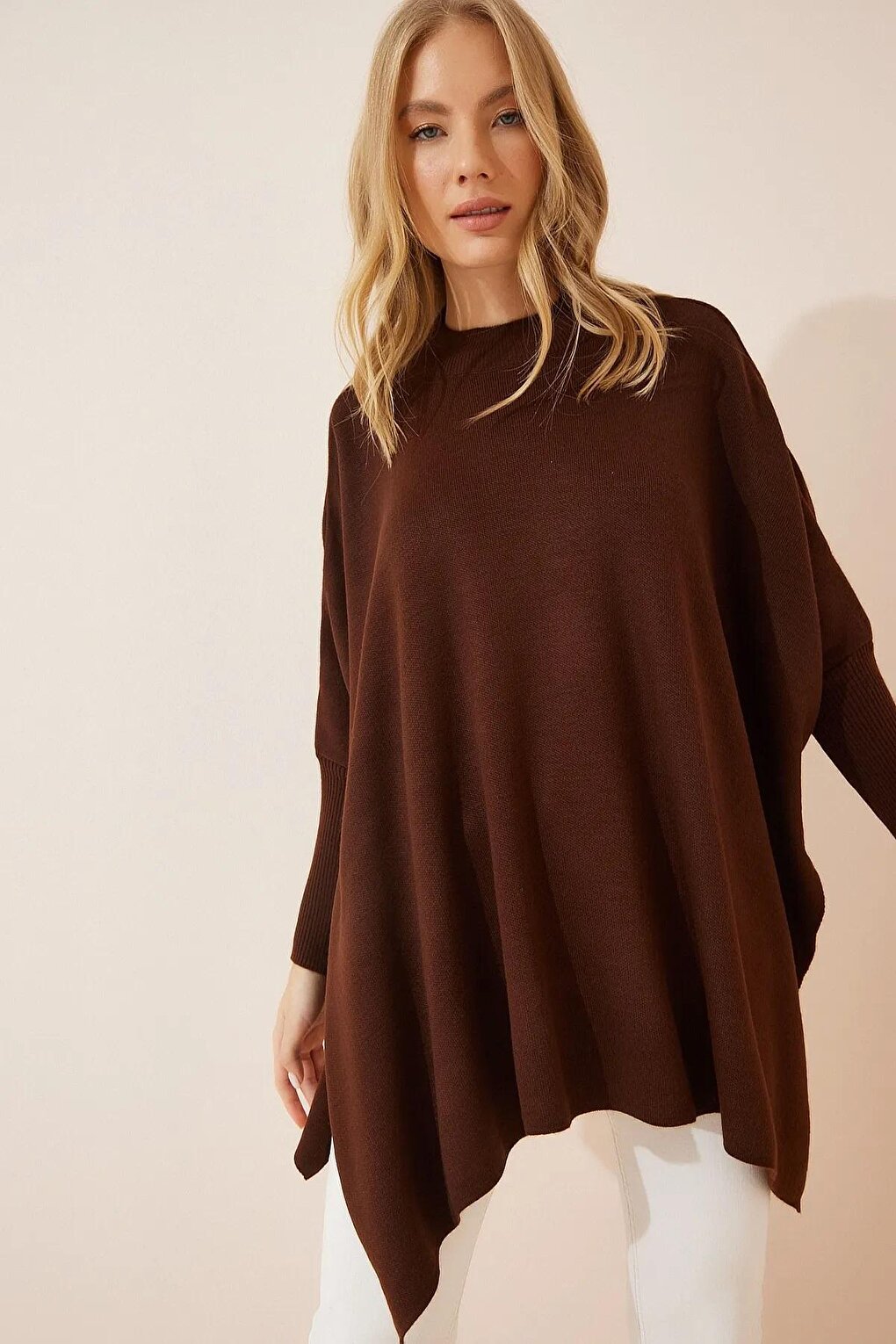 Women's Brown Stand-Up Collar Slit Oversize Poncho