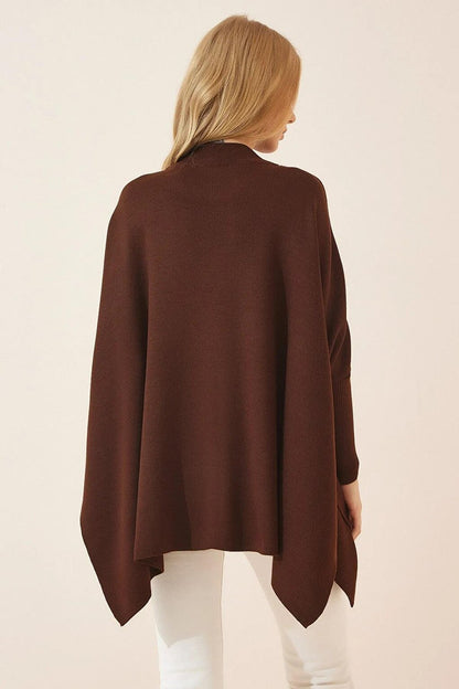 Women's Brown Stand-Up Collar Slit Oversize Poncho