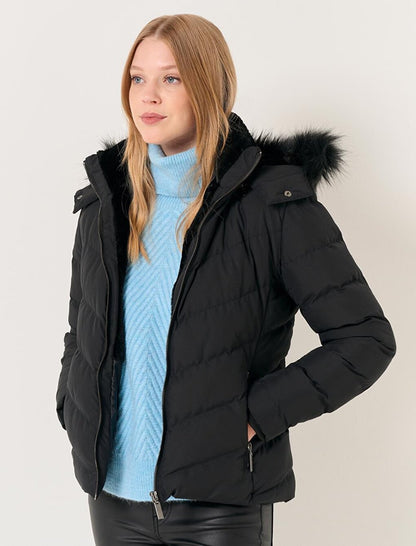 Black Straight Cut Stand Collar Hooded Winter Puff Coat