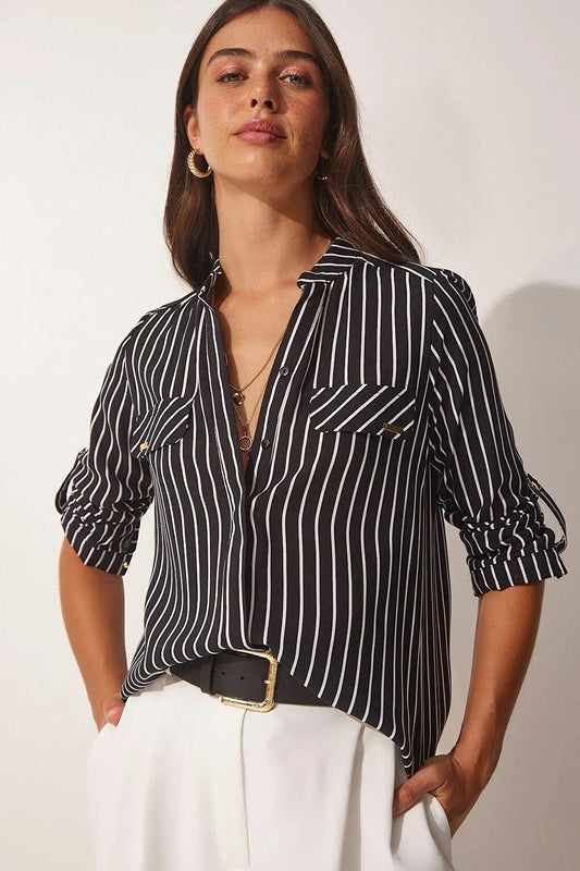 Women's Black Collar Epaulette Striped Shirt