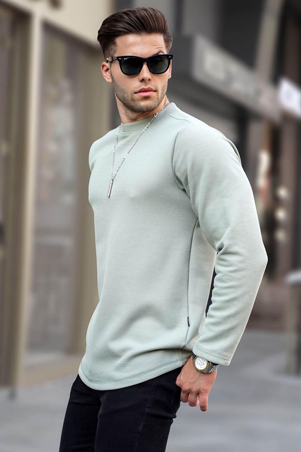 Green Crew Neck Regular Fit Basic Sweatshirt 6023