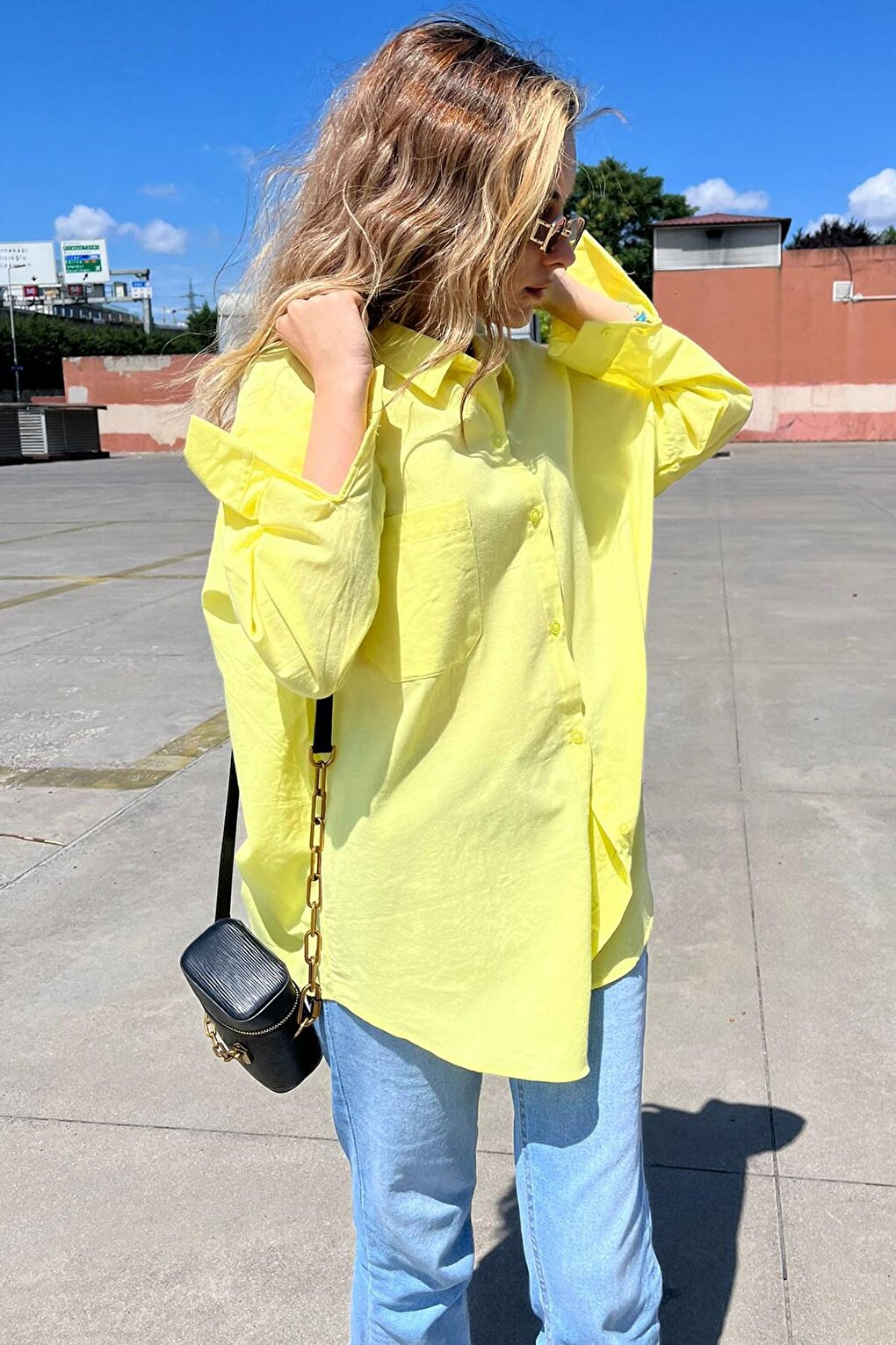 Yellow Oversize Basic Pocket Poplin Shirt MG1530