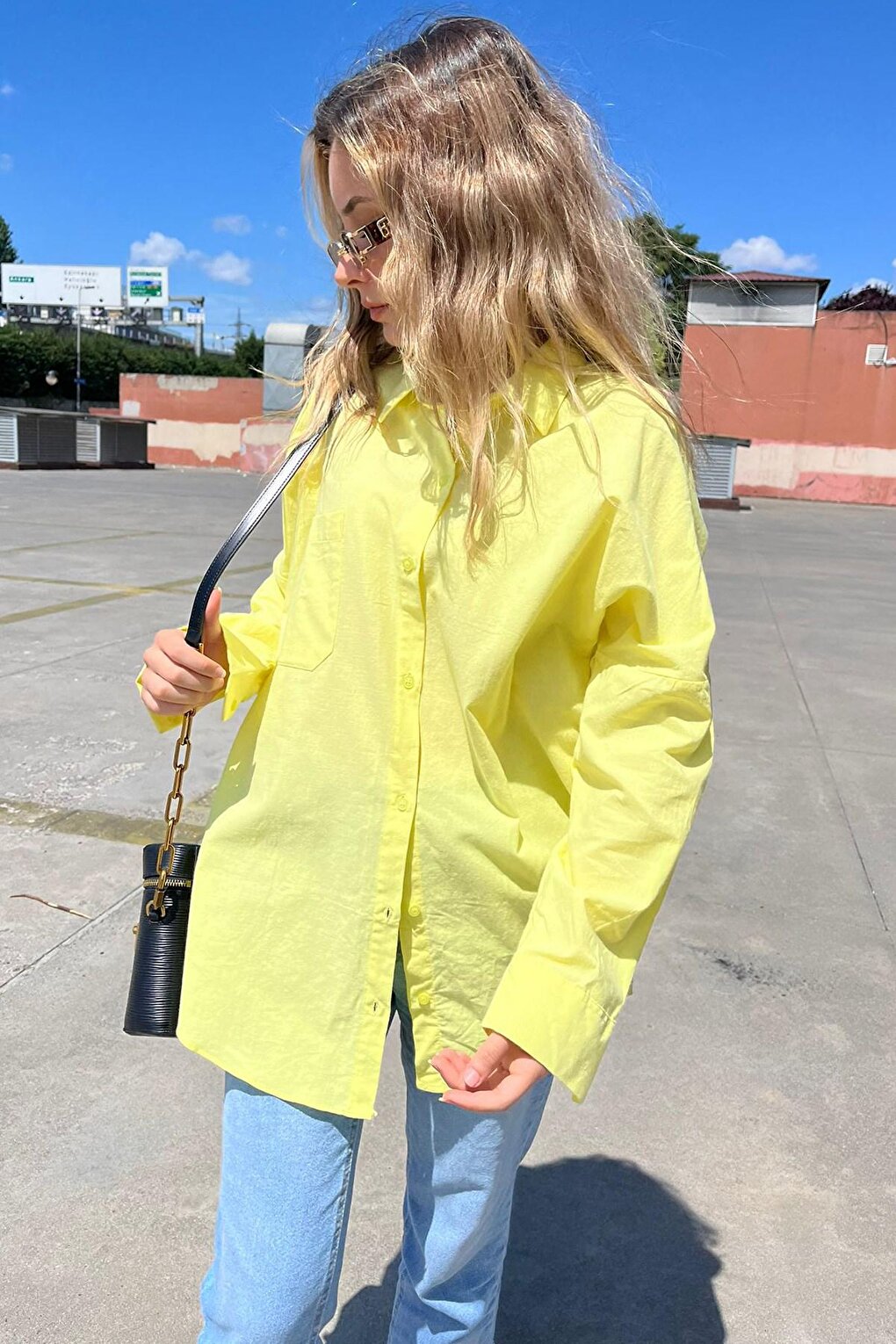 Yellow Oversize Basic Pocket Poplin Shirt MG1530