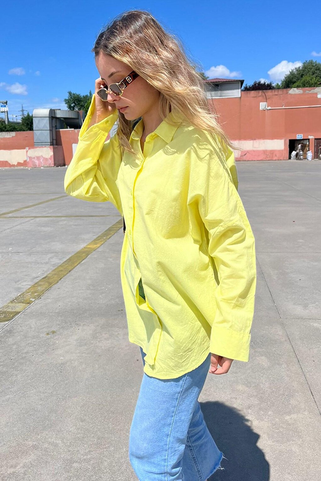 Yellow Oversize Basic Pocket Poplin Shirt MG1530