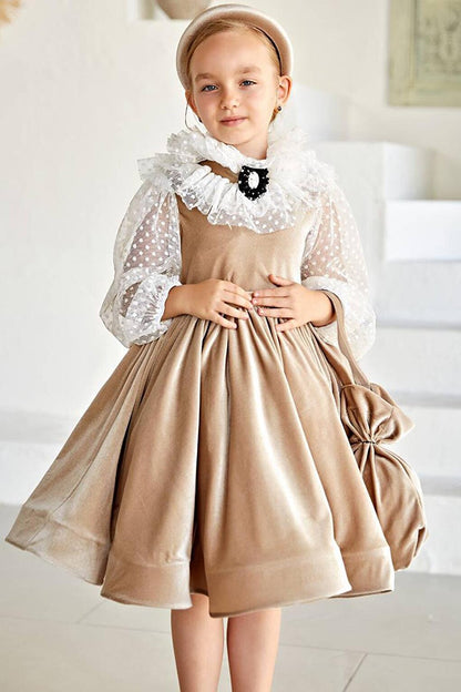 Girl's Beige Velvet Dress with Polka Dots on the Sleeves, Transparent Detail and Ruffles on the Collar