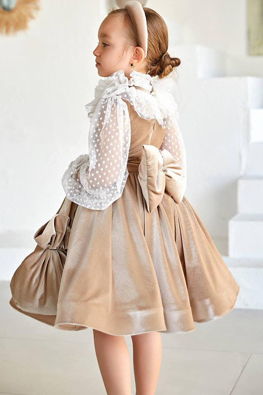 Girl's Beige Velvet Dress with Polka Dots on the Sleeves, Transparent Detail and Ruffles on the Collar