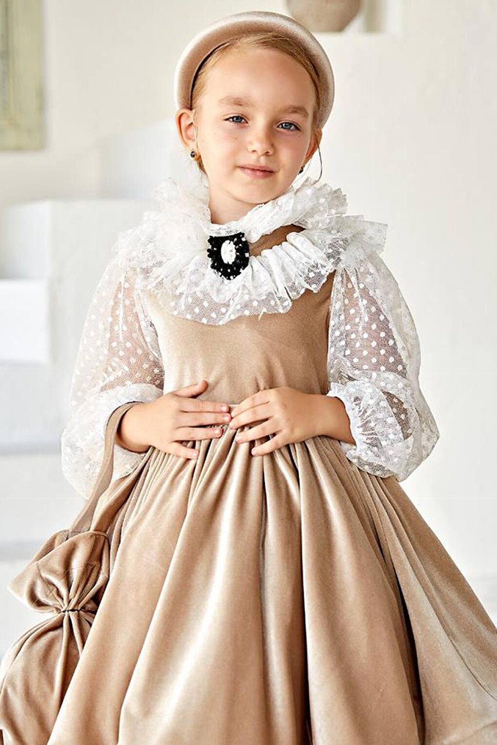 Girl's Beige Velvet Dress with Polka Dots on the Sleeves, Transparent Detail and Ruffles on the Collar