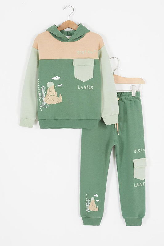 Green Cactus Printed Three String Raised Boys Tracksuit 17115