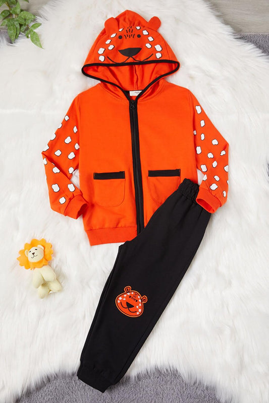 Orange Teddy Bear Embroidered Hooded Cardigan Baby Boy Set 16951