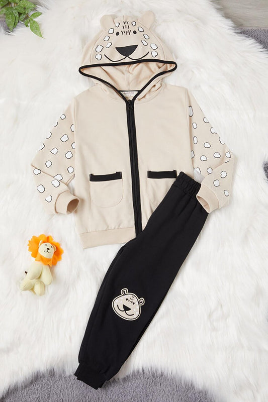 Cream Teddy Bear Embroidered Hooded Cardigan Baby Boy Set 16627