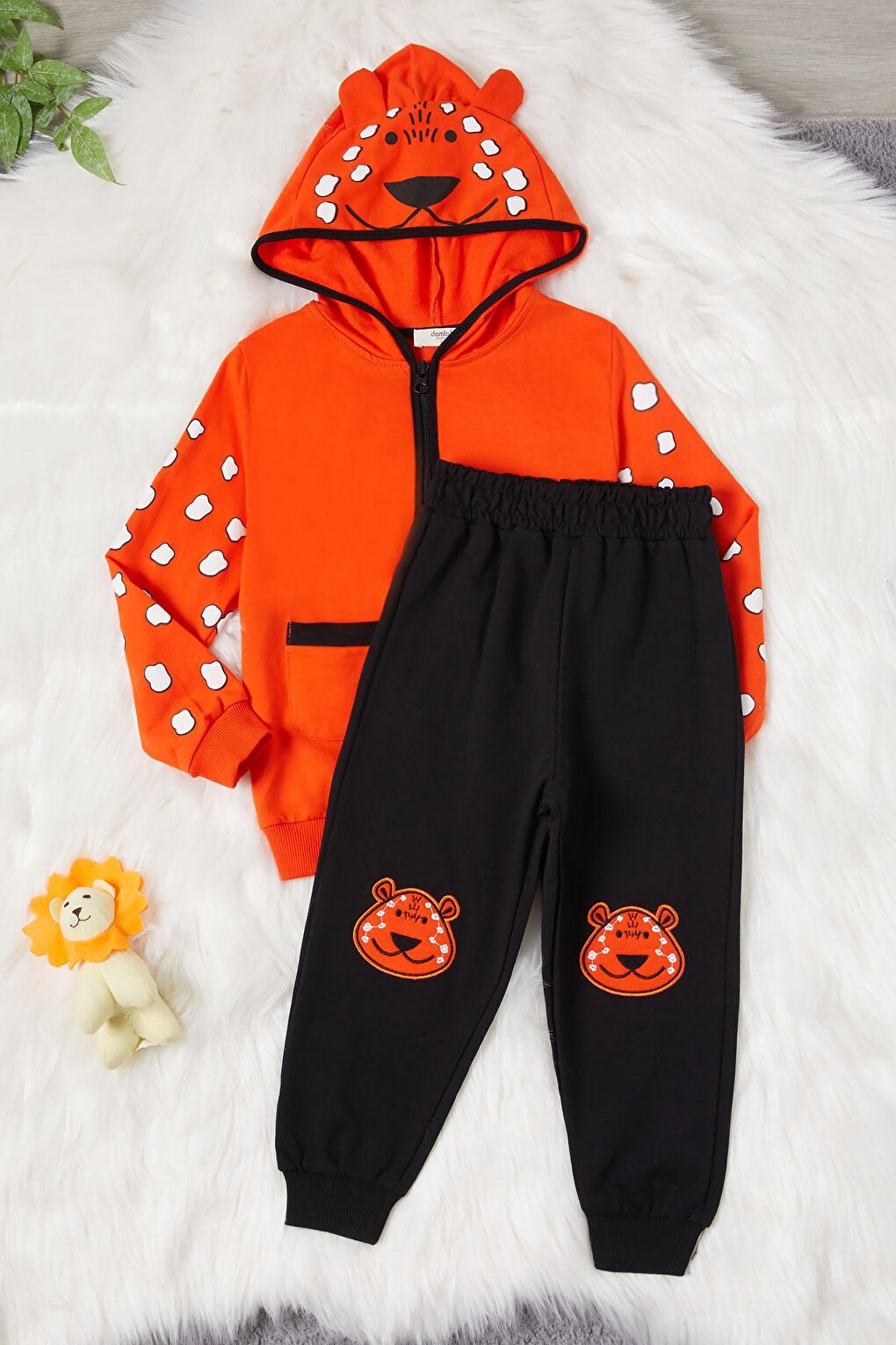 Orange Teddy Bear Embroidered Hooded Cardigan Baby Boy Set 16951