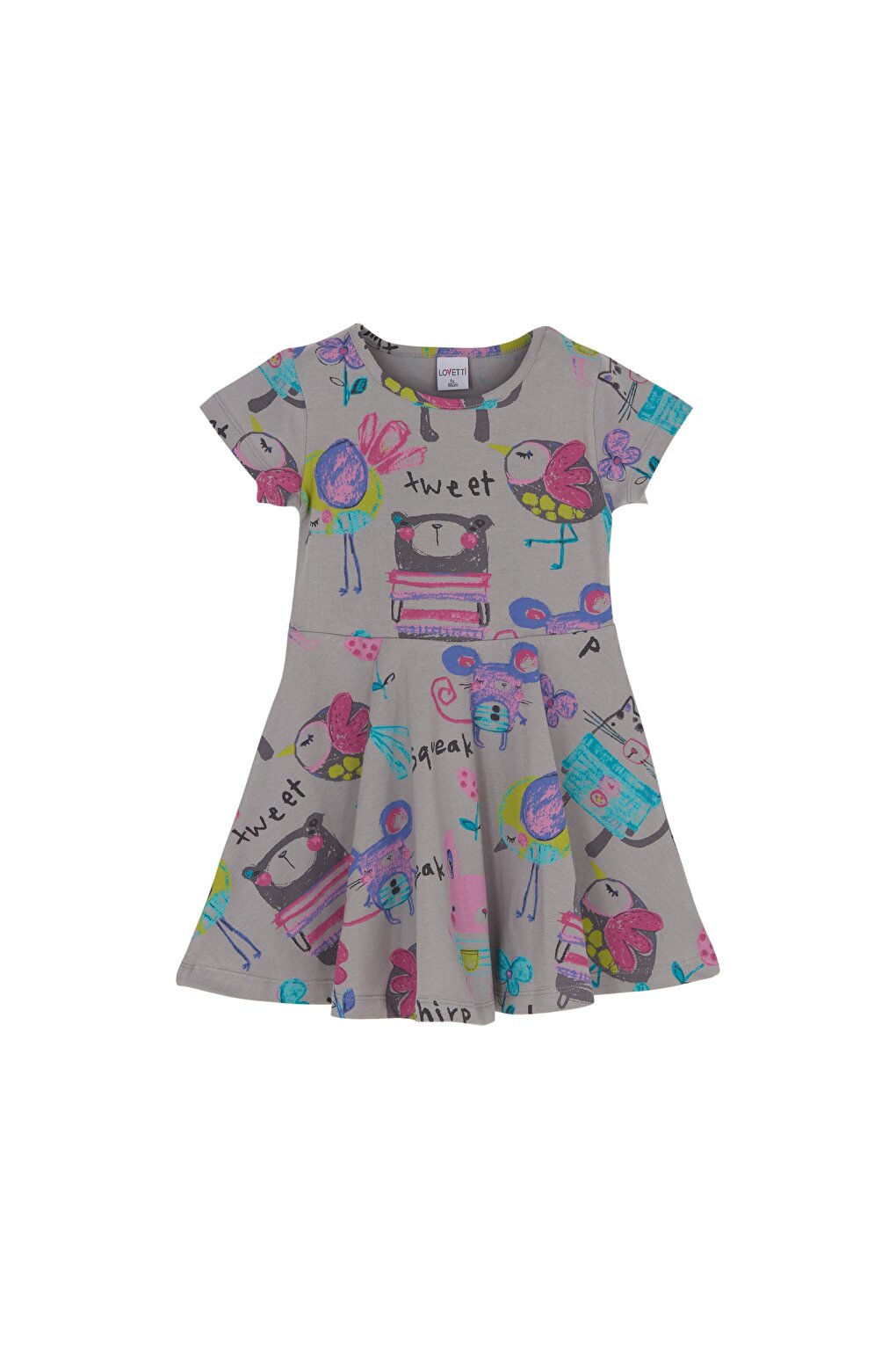 Girl Chirping Animals Pattern Short Sleeve Flared Skirt Dress