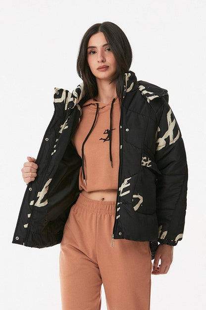 Text Printed Hooded Short Puffer Jacket