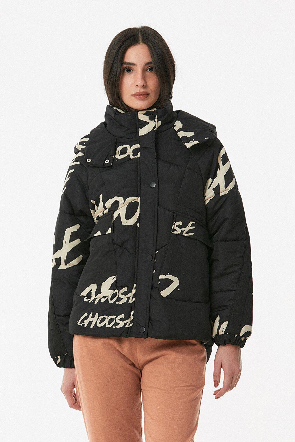 Text Printed Hooded Short Puffer Jacket