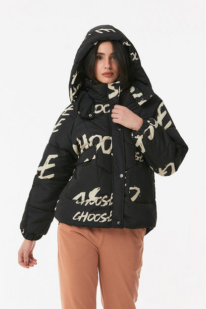 Text Printed Hooded Short Puffer Jacket