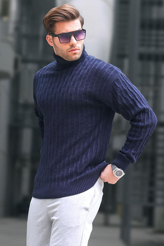 Navy Blue Turtleneck Patterned Men's Sweater 6835